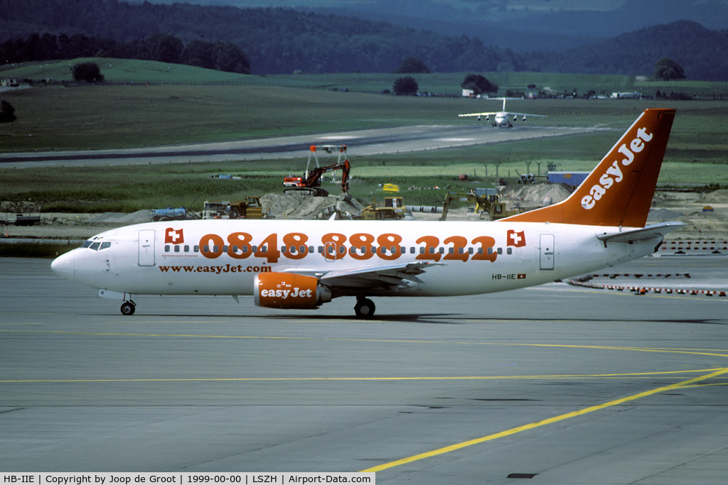 HB-IIE, 1994 Boeing 737-3Q8 C/N 26307, Old colors with the telephone number on the fuselage. Also note the non standard Swiss flags.