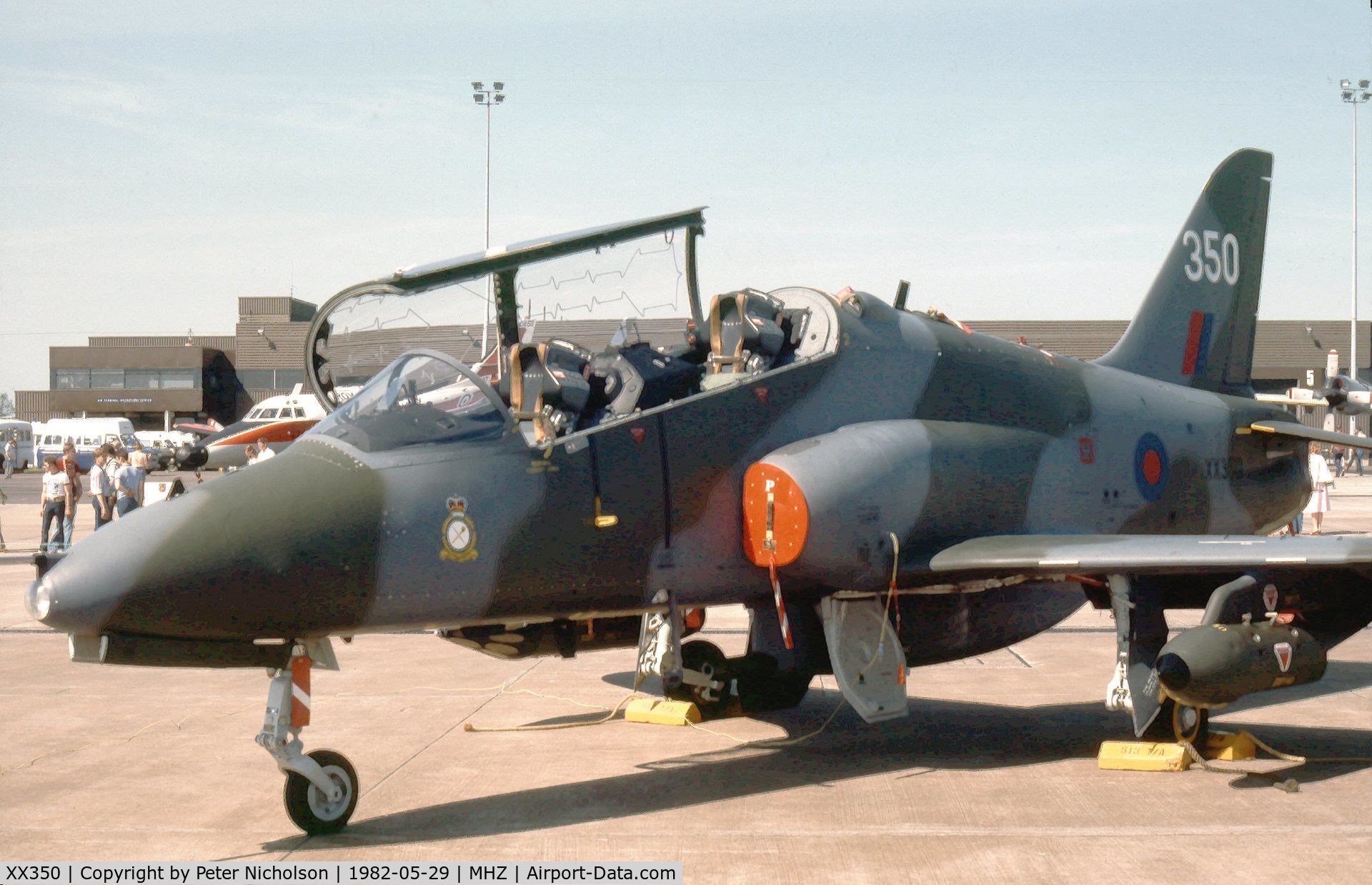 XX350, 1981 Hawker Siddeley Hawk T.1 C/N 199/312174, Hawk T.1 of 1 Tactical Weapons Unit on display at the 1982 RAF Mildenhall Air Fete.