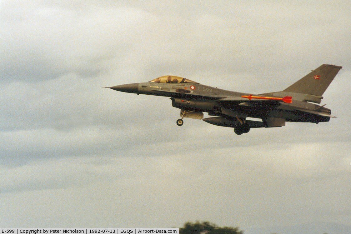 E-599, 1980 SABCA F-16AM Fighting Falcon C/N 6F-34, F-16A Falcon of Esk 730 Royal Danish Air Force on finals to Runway 23 at RAF Lossiemouth in the Summer of 1992.