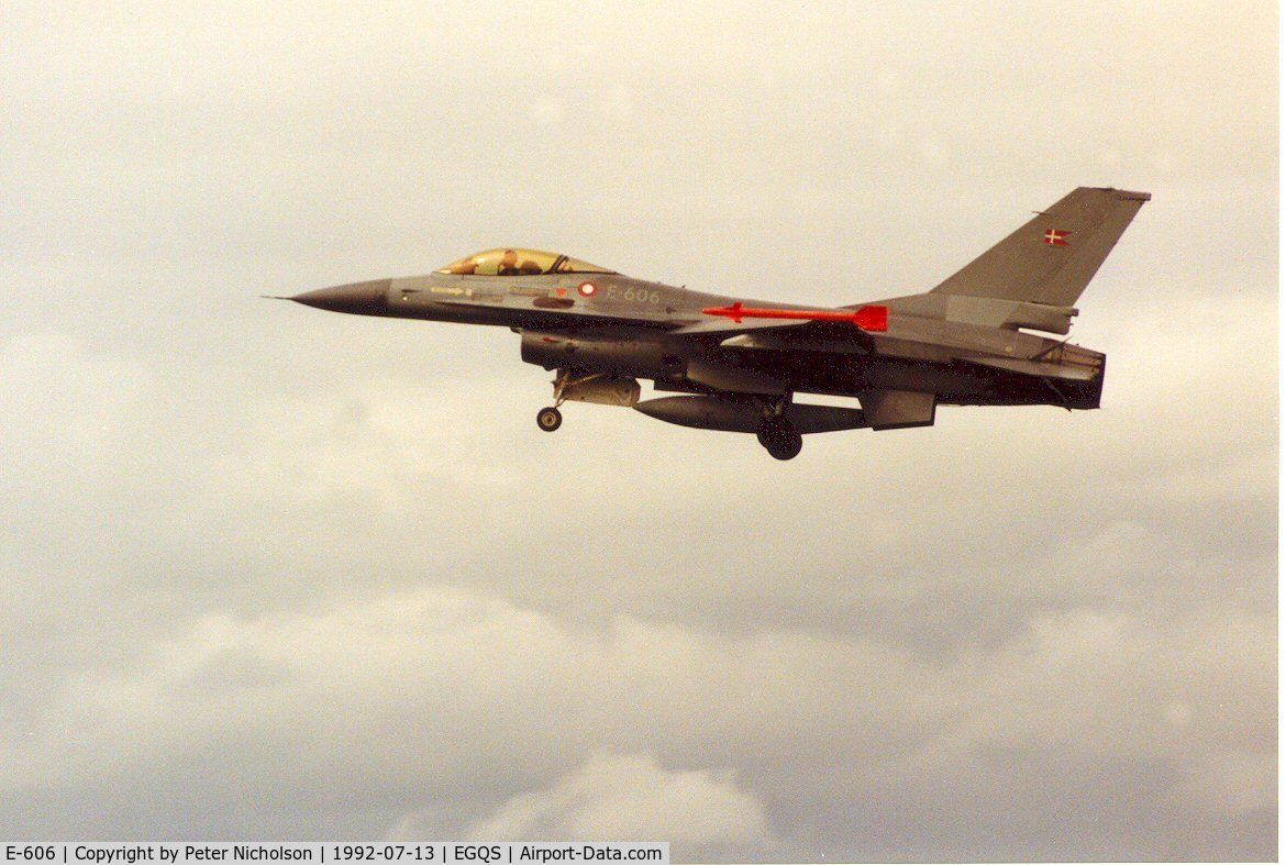 E-606, 1980 SABCA F-16AM Fighting Falcon C/N 6F-41, F-16A Falcon of Esk 730 Royal Danish Air Force on finals to Runway 23 at RAF Lossiemouth in the Summer of 1992.