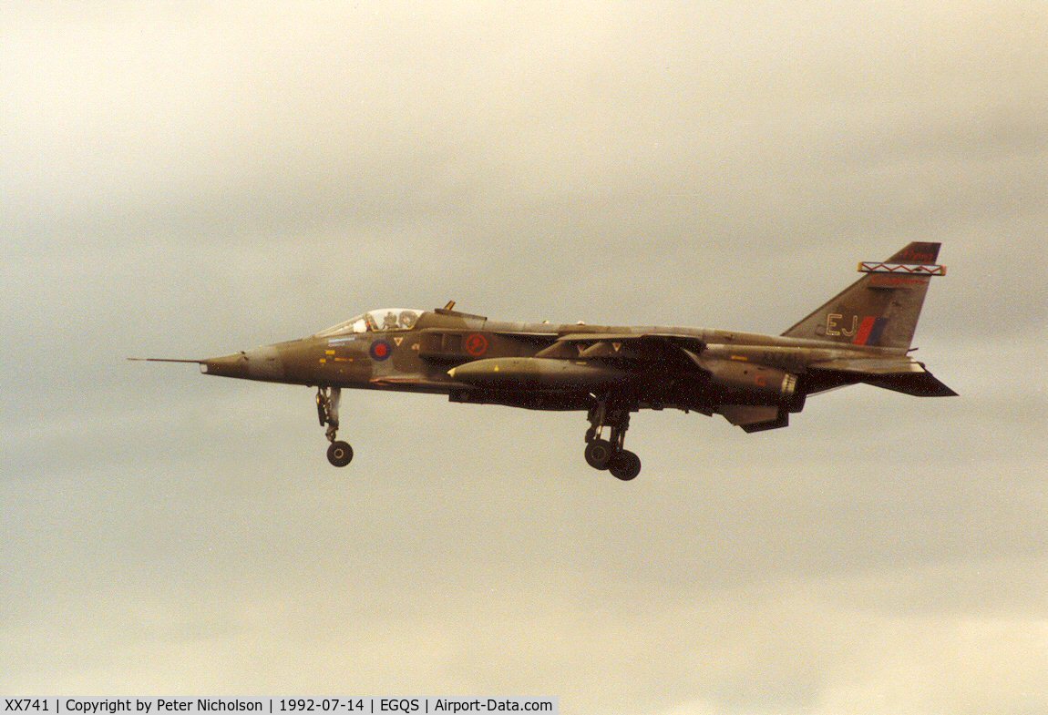 XX741, 1974 Sepecat Jaguar GR.1A C/N S.38, Jaguar GR.1A of 6 Squadron at RAF Coltishall on final approach to Runway 23 at RAF Lossiemouth in the Summer of 1992.