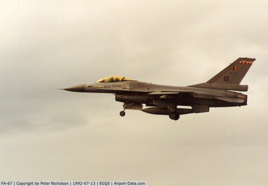 FA-67, 1980 SABCA F-16AM Fighting Falcon C/N 6H-67, Belgian Air Force F-16A Falcon on approach to RAF Lossiemouth in the Summer of 1992.