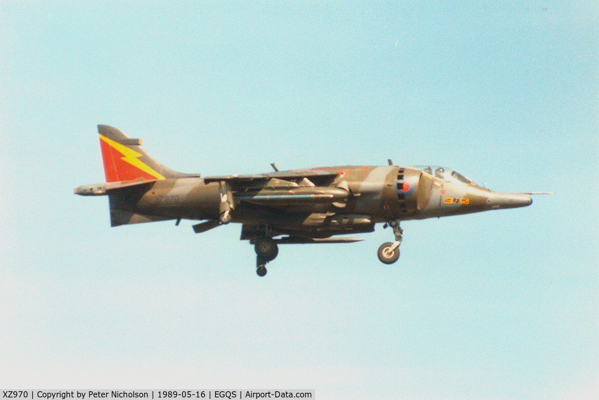XZ970, 1980 British Aerospace Harrier GR.3 C/N 712206, Harrier GR.3 wearing special tail markings of 4 Squadron landing at RAF Lossiemouth in May 1989.