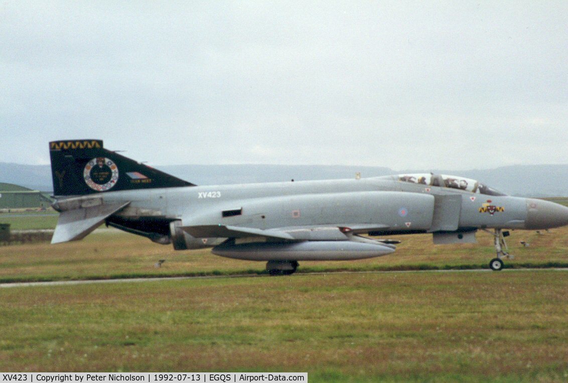 XV423, 1969 McDonnell Douglas Phantom FGR2 C/N 3075/9253, Phantom FGR.2 of 74 Squadron awaiting clearance to join the active runway at RAF Lossiemouth in the Summer of 1992 - tail markings from the 1991 Tiger Meet still evident.