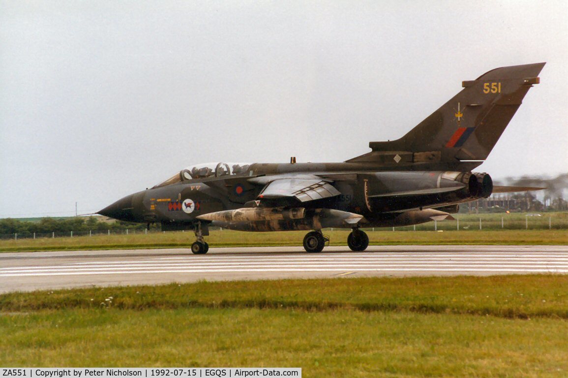 ZA551, 1981 Panavia Tornado GR.1 C/N 067/BT018/3035, Tornado GR.1, callsign Magnum 4, of 45[Reserve] Squadron preparing for take-off on Runway 05 at RAF Lossiemouth in the Summer of 1992.