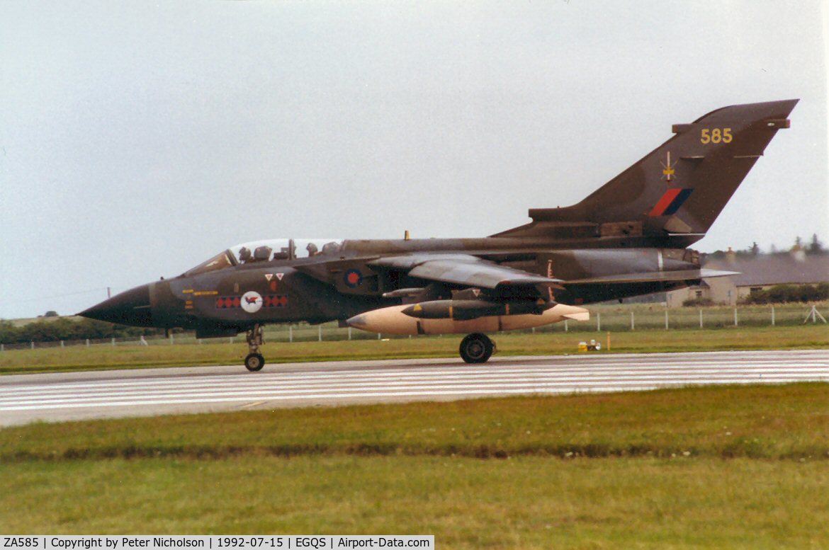 ZA585, 1981 Panavia Tornado GR.1 C/N 091/BS028/3049, Tornado GR.1, callsign Magnum 2, of 45[Reserve] Squadron preparing for take-off on Runway 05 at RAF Lossiemouth in the Summer of 1992.