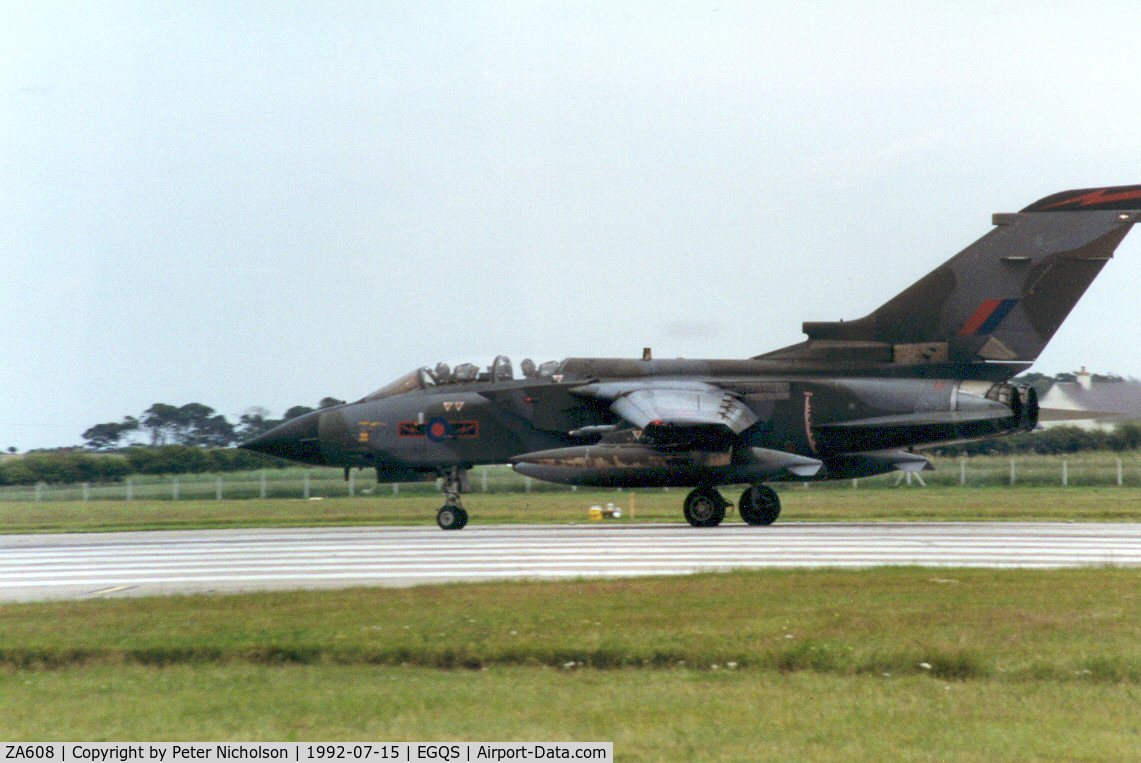 ZA608, 1982 Panavia Tornado GR.1 C/N 141/BS045/3072, Tornado GR.1, callsign Magnum 3, of 617 Squadron taking off on Runway 05 at RAF Lossiemouth in the Summer of 1992.