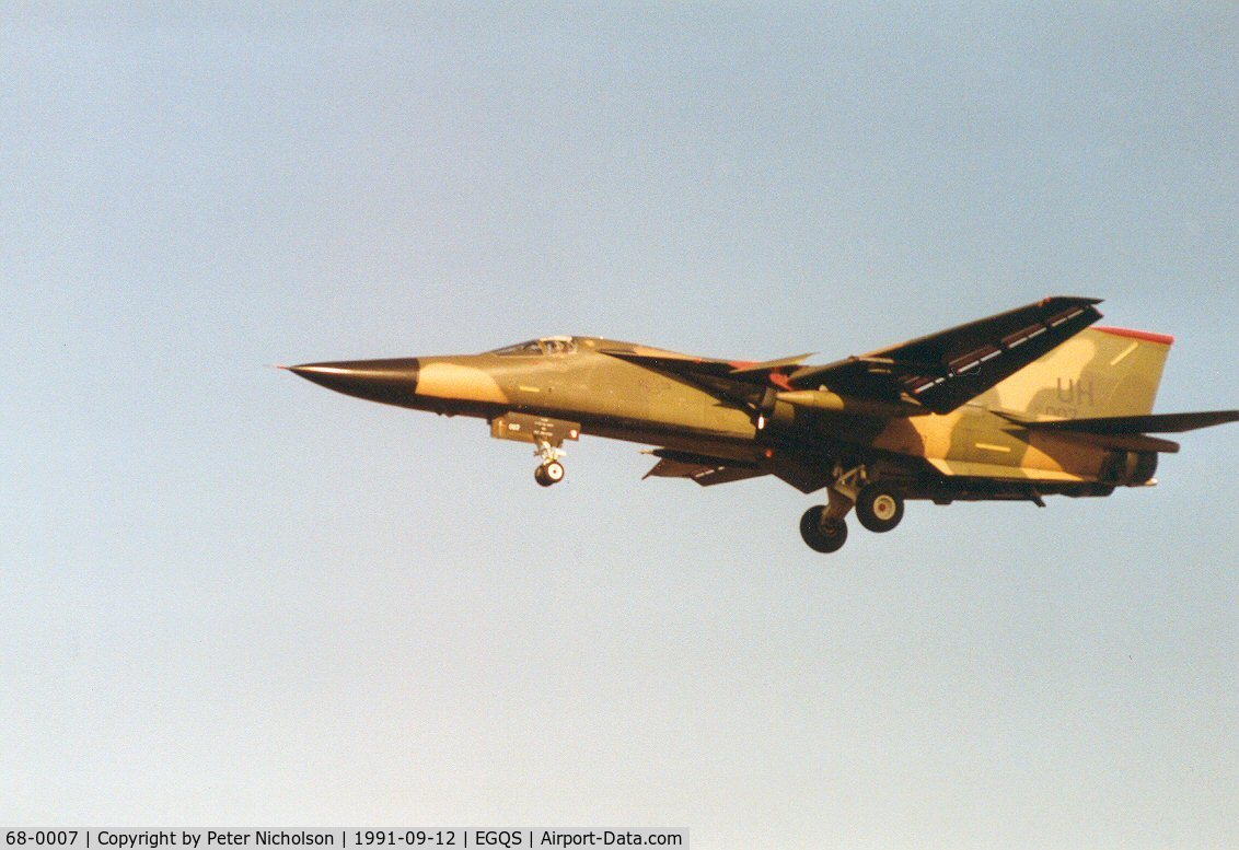 68-0007, 1968 General Dynamics F-111E Aardvark C/N A1-176, F-111E of 77th Tactical Fighter Squadron/20th Tactical Fighter Wing on approach to RAF Lossiemouth in September 1991.