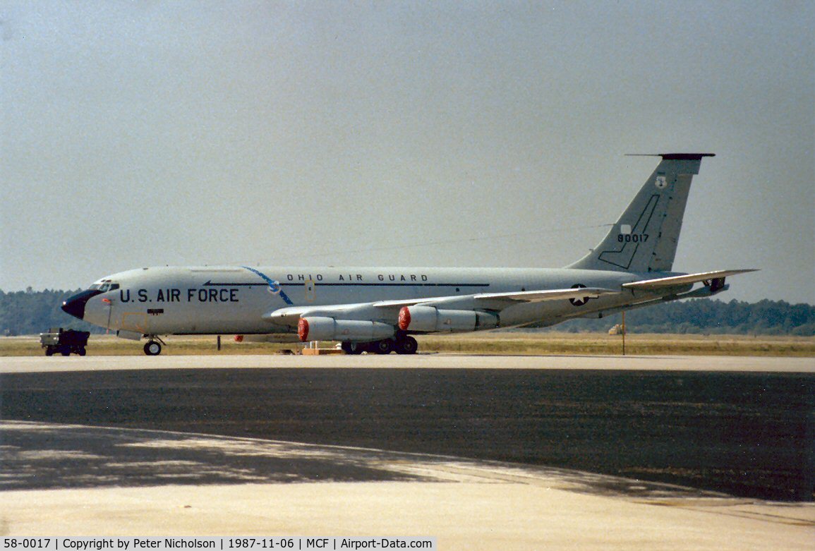 58-0017, 1958 Boeing KC-135E Stratotanker C/N 17762, KC-135E Stratotanker of 145th Air Refuelling Squadron Ohio Air National Guard at MacDill AFB in November 1987.