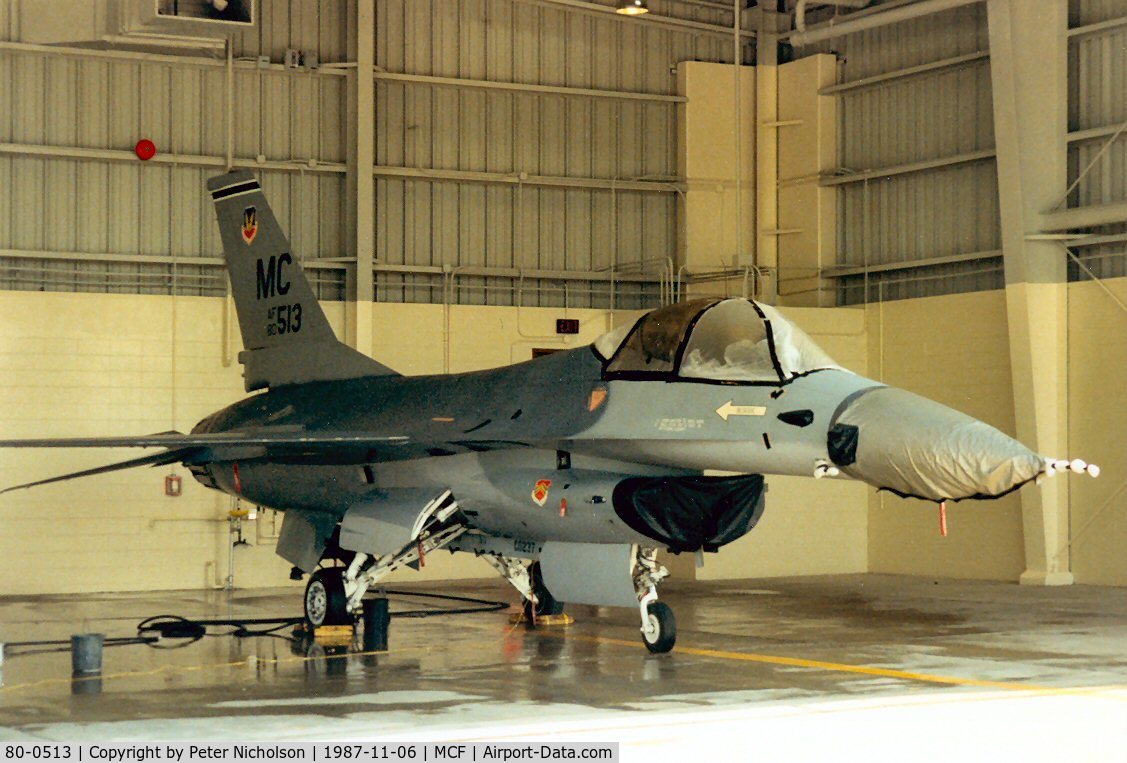 80-0513, General Dynamics F-16A Fighting Falcon C/N 61-234, F-16A Falcon of 72nd Tactical Fighter Training Squadron at MacDill AFB in November 1987.