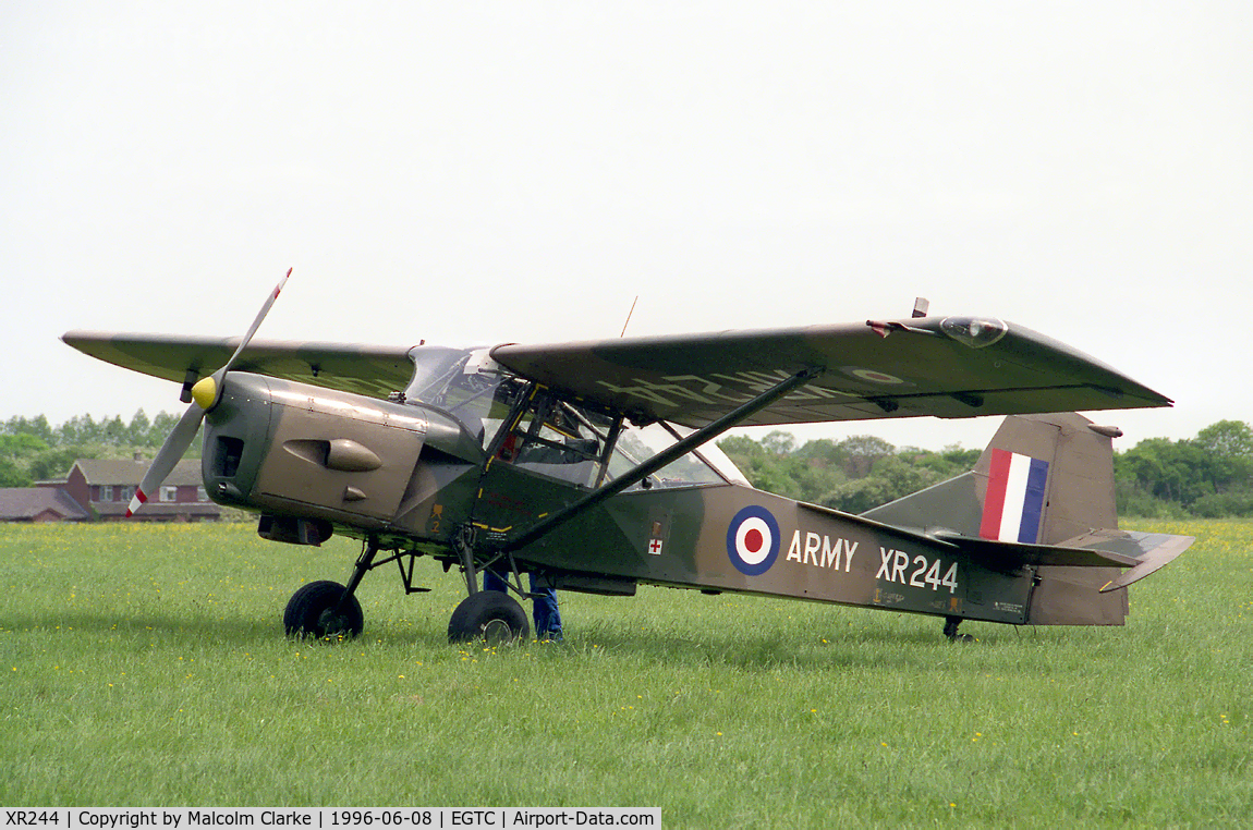 XR244, 1962 Auster AOP.9 C/N B5/10/181, Auster B-5 Auster AOP9. Belonging to the Army Air Corps Historic Flight at the airshow celebrating the 50th Anniversary of the Cranfield's College of Aeronautics.