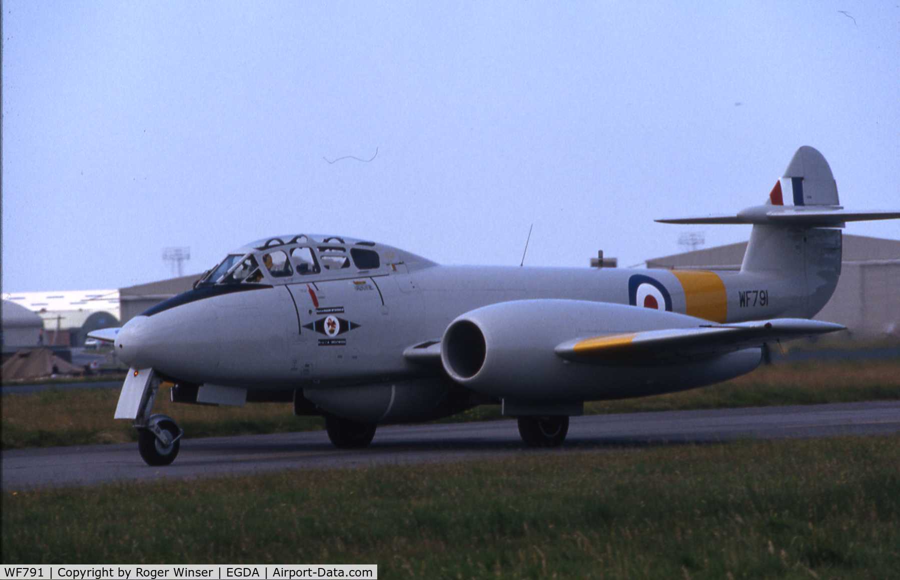 WF791, 1951 Gloster Meteor T.7 C/N 15658, Meteor of the RAF's Vintage Pair at a RAF Brawdy Air Show, Wales, UK in the early 1980's. 