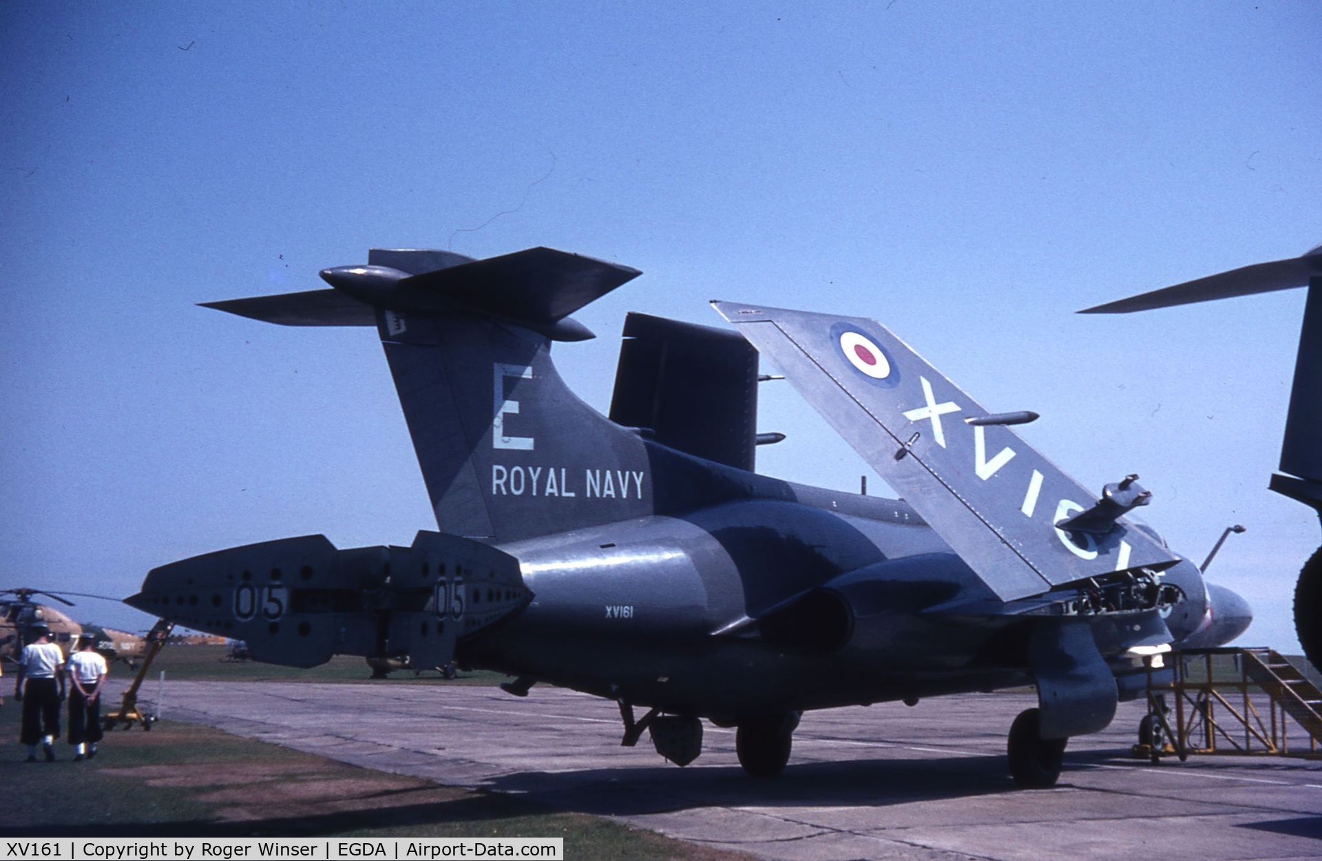 XV161, 1966 Hawker Siddeley Buccaneer S.2 C/N B3-02-66, Coded 105/E of 800 NAS on display at RNAS Brawdy Naval Air Day, Wales, UK in 1969.