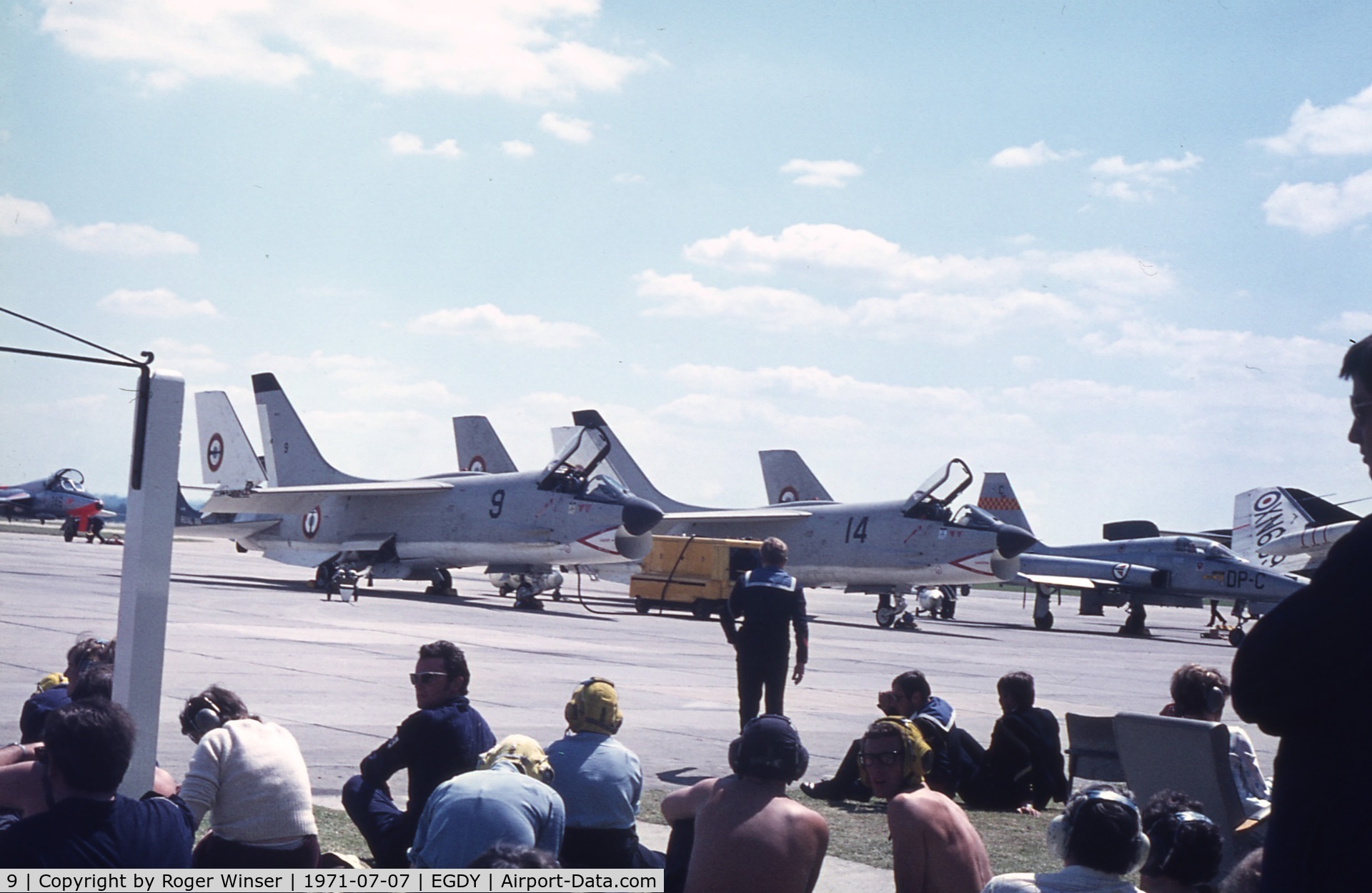 9, Vought F-8E(FN) Crusader C/N 1226, With 14 MARINE. Both Crusader aircraft operated by 14 Flotille, Aeronavale (French Navy Aviation). At the RNAS Yeovilton Naval Air Day in 1971.