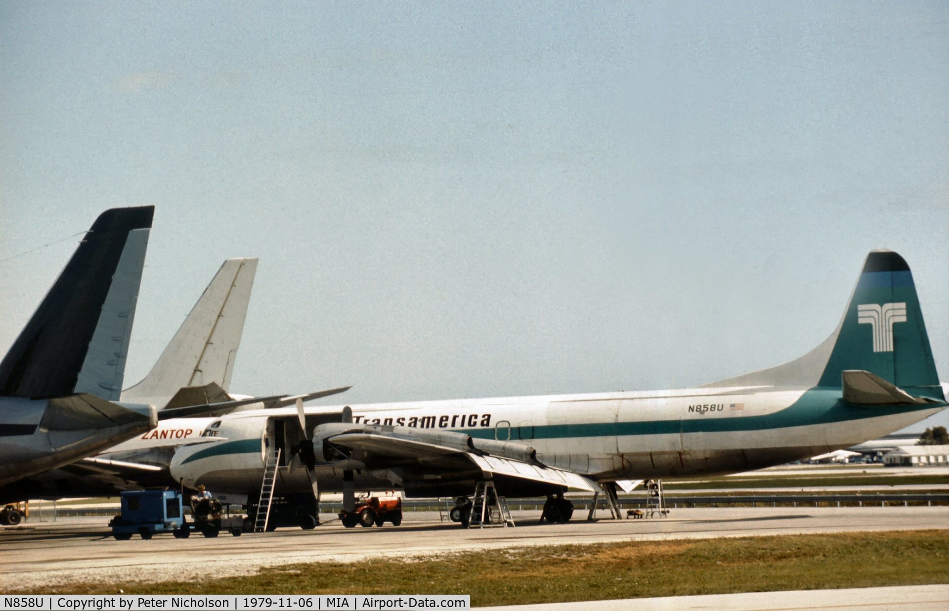 N858U, 1960 Lockheed L-188C(F) Electra C/N 2015, Lockheed L-188C Electra of Transamerica Airlines at Miami in November 1979.