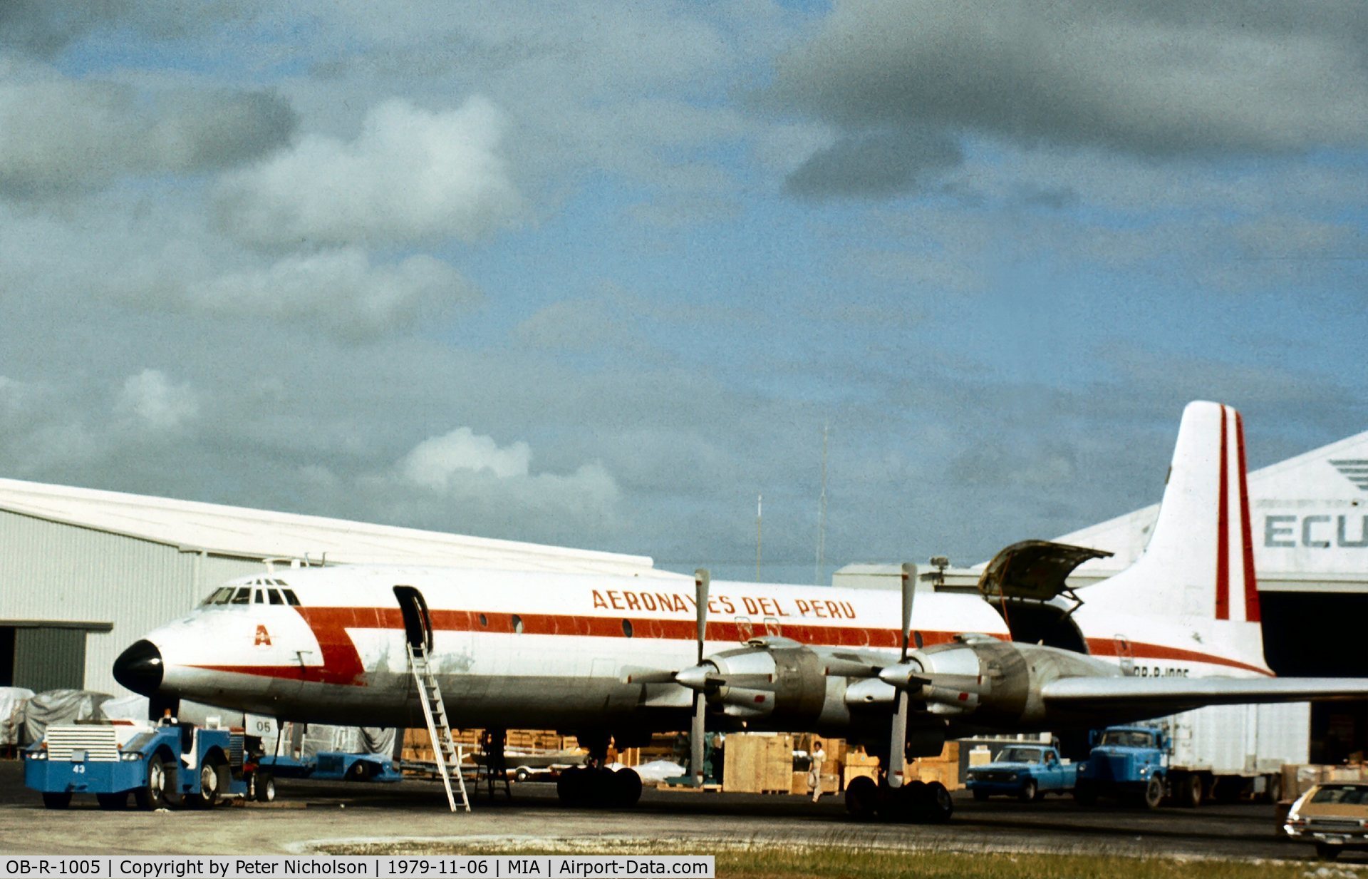 OB-R-1005, 1960 Canadair CL-44-6 (CC-106 Yukon) C/N 6, CL-44-D6 of Aeronaves Del Peru at Miami in November 1979.