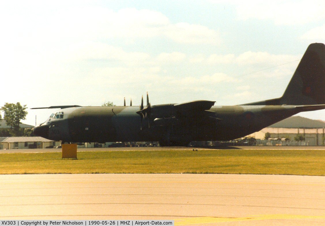 XV303, 1967 Lockheed C-130K Hercules C.3 C/N 382-4271, Hercules C.3 of the Lyneham Transport Wing acting as support aircraft for the RAF Falcons parachute display team at the 1990 RAF Mildenhall Air Fete.