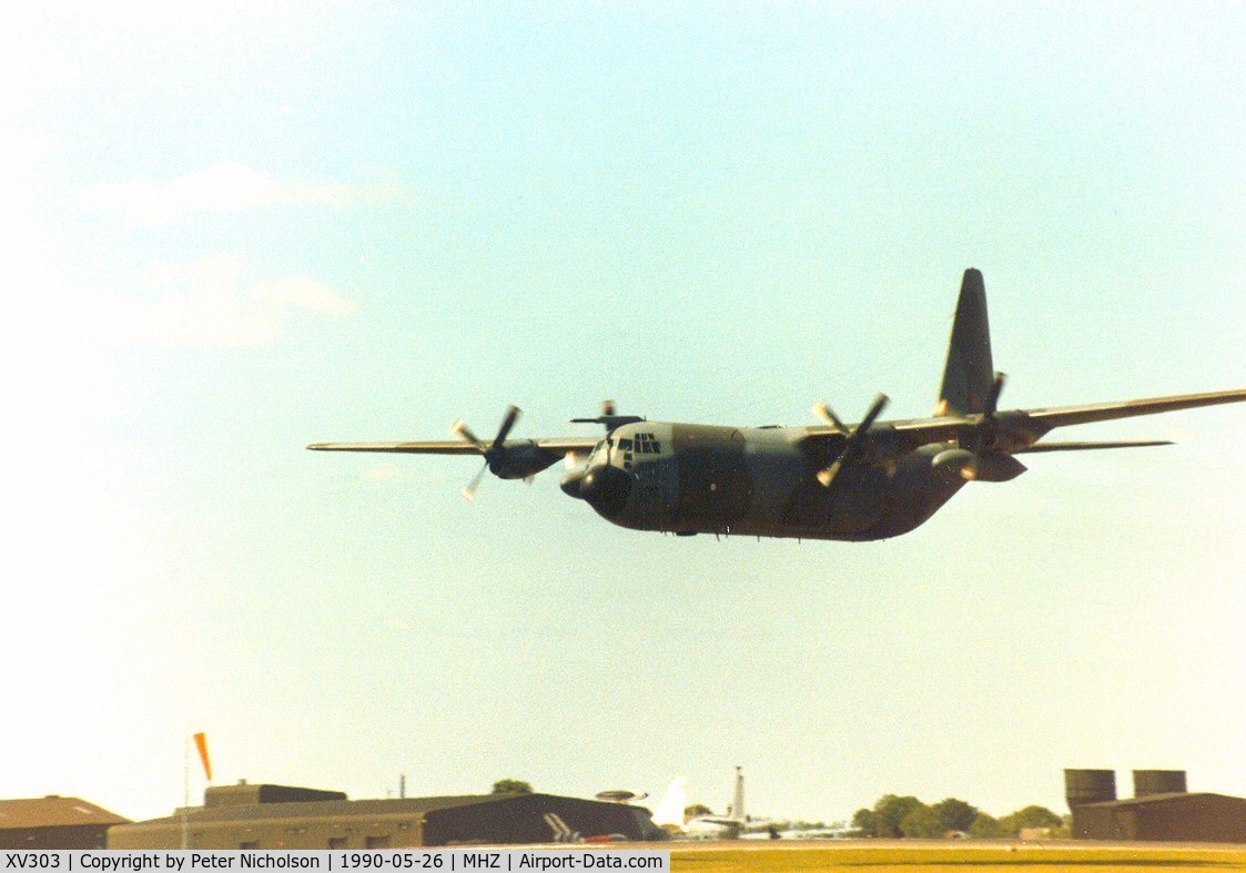 XV303, 1967 Lockheed C-130K Hercules C.3 C/N 382-4271, Hercules C.3 of the Lyneham Transport Wing on a fly-past at the 1990 RAF Mildenhall Air Fete and acting as support aircraft for the RAF Falcons parachute display team.