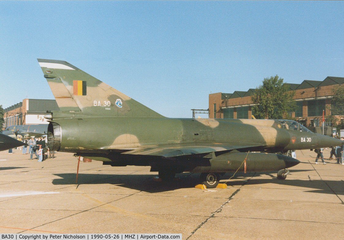 BA30, SABCA Mirage 5BA C/N 30, Mirage 5BA of 8 Squadron Belgian Air Force in the static park at the 1990 RAF Mildenhall Air Fete.