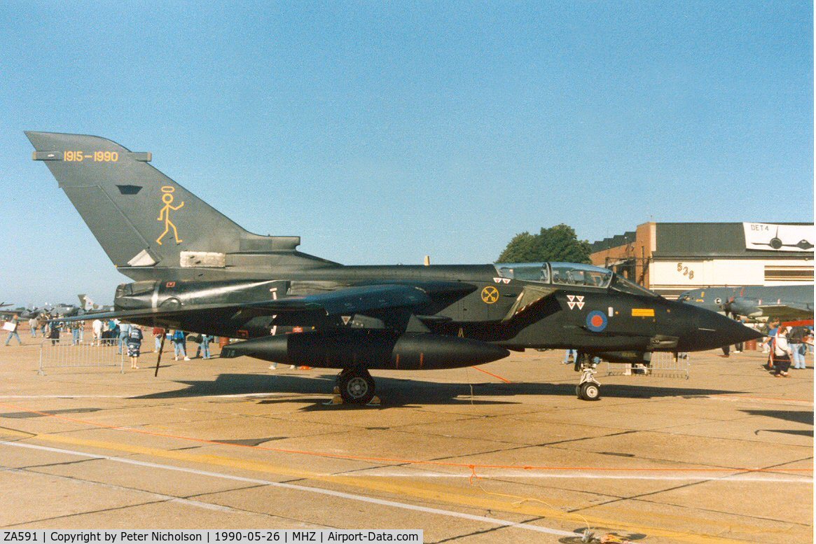 ZA591, 1982 Panavia Tornado GR.1 C/N 104/BS034/3055, Tornado GR.1 of 16 Squadron in 75th anniversary markings in the static park at the 1990 RAF Mildenhall Air Fete.