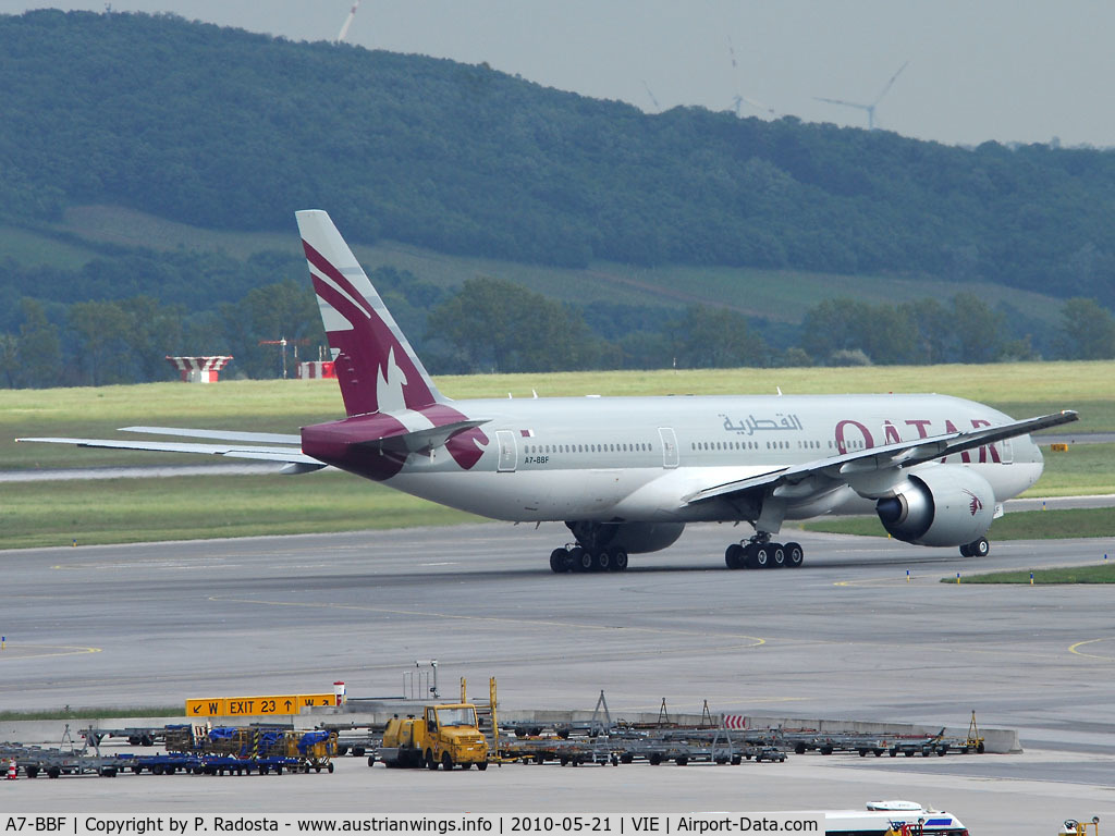 A7-BBF, 2010 Boeing 777-2DZ/LR C/N 36018, Arrived from Houston at VIE and departed about 90 minutes later to Doha - probably a medical emergency was the reason for the landing at VIE