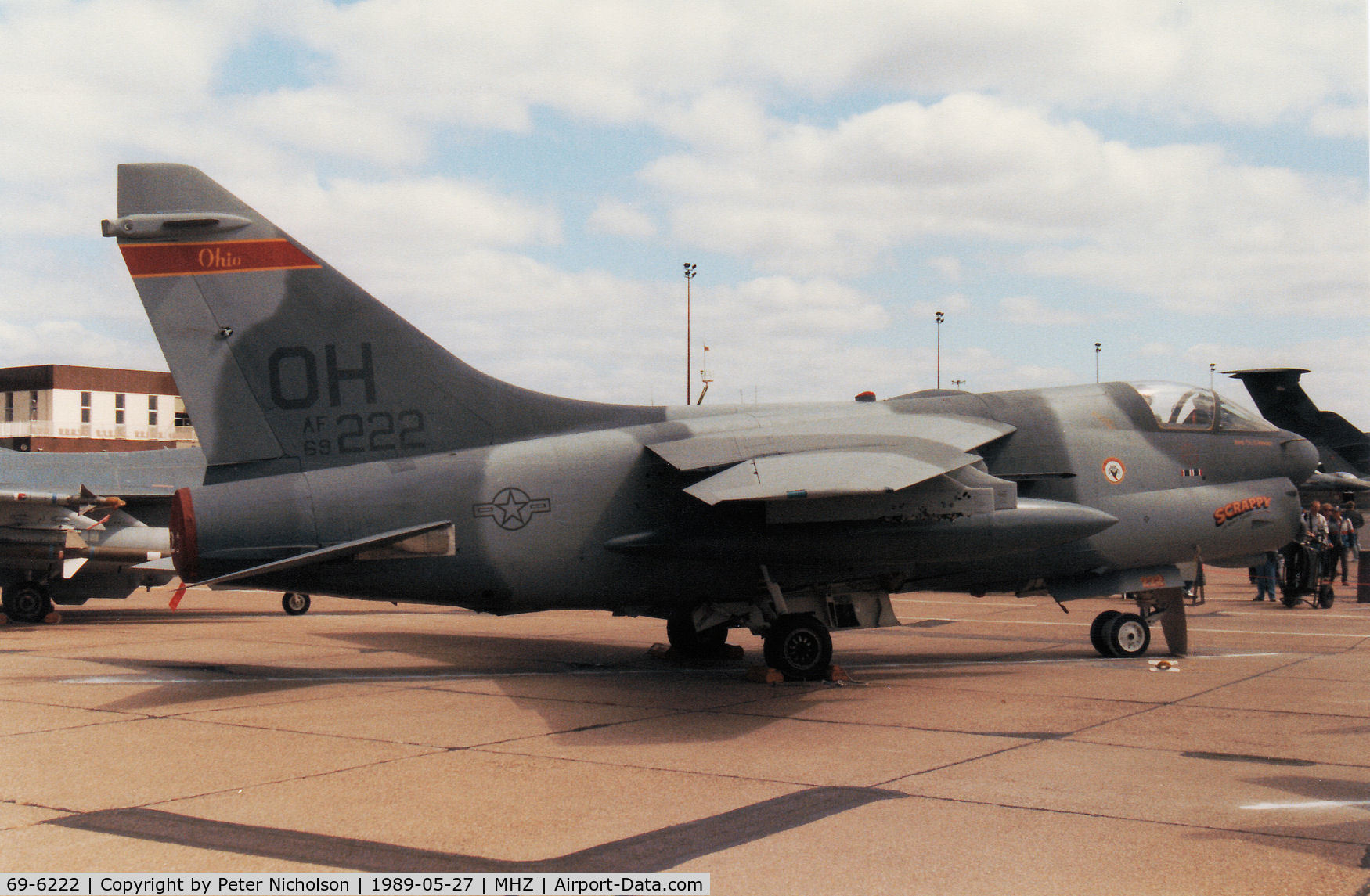 69-6222, 1969 LTV A-7D Corsair II C/N D-052, A-7D Corsair named Scrappy of 162nd Tactical Fighter Squadron of Ohio ANG on display at the 1989 RAF Mildenhall Air Fete.