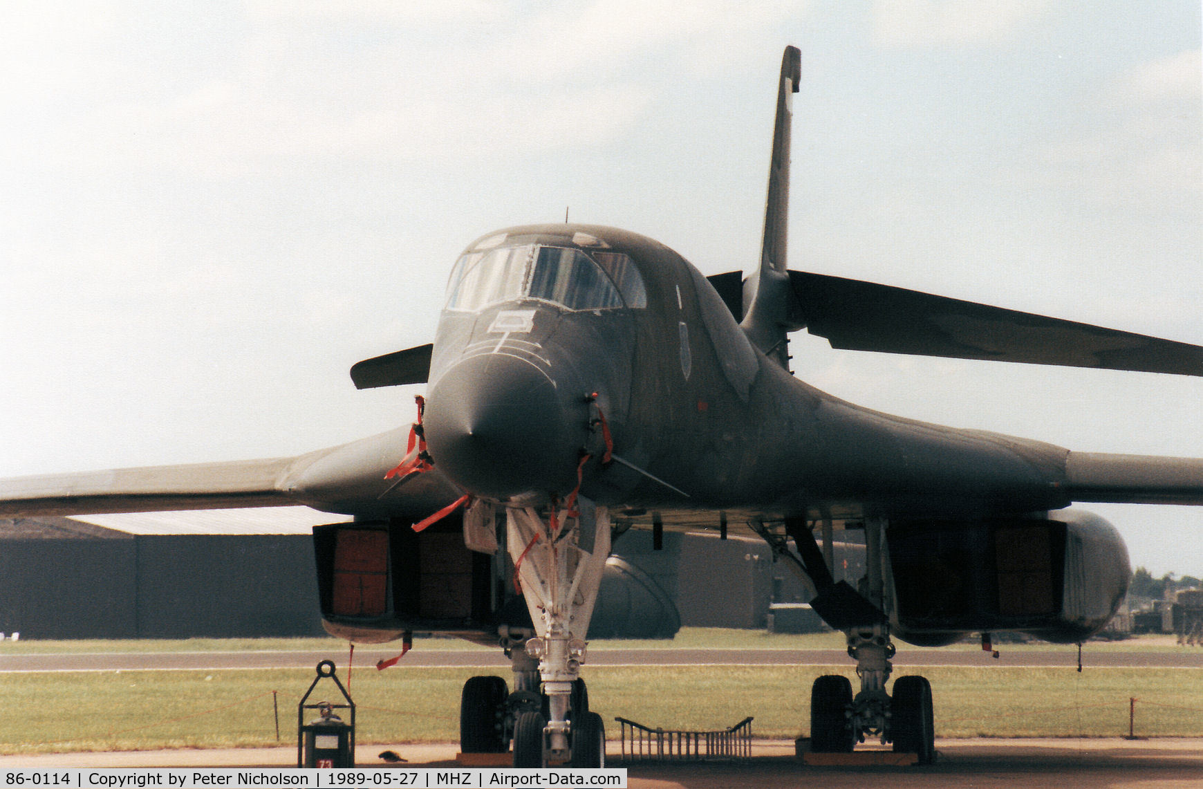 86-0114, 1986 Rockwell B-1B Lancer C/N 74, B-1B Lancer named Wolfhound and callsign Norse 13 of 319th Bombardment Wing at Grand Forks AFB on the flight-line at the 1989 RAF Mildenhall Air Fete.