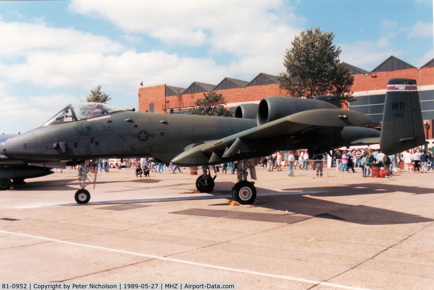 81-0952, 1981 Fairchild Republic A-10A Thunderbolt II C/N A10-0647, A-10A Thunderbolt of 510th Tactical Fighter Squadron/81st Tactical Fighter Wing in the static park at the 1989 RAF Mildenhall Air Fete.