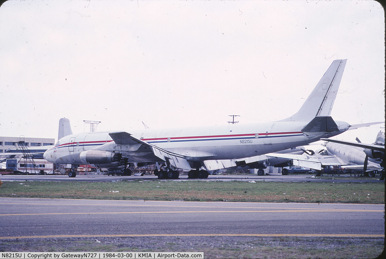 N8215U, 1960 Douglas DC-8-33 C/N 45261, Originally Clipper Gauntlet with PAA, later to United. Delivered as a DC-8-32, original JT3's were replaced with P&W JT4's to make a -33 (JT4's shown). Conner Air Line colors. Broken up in MIA 18 months after this photo was taken.