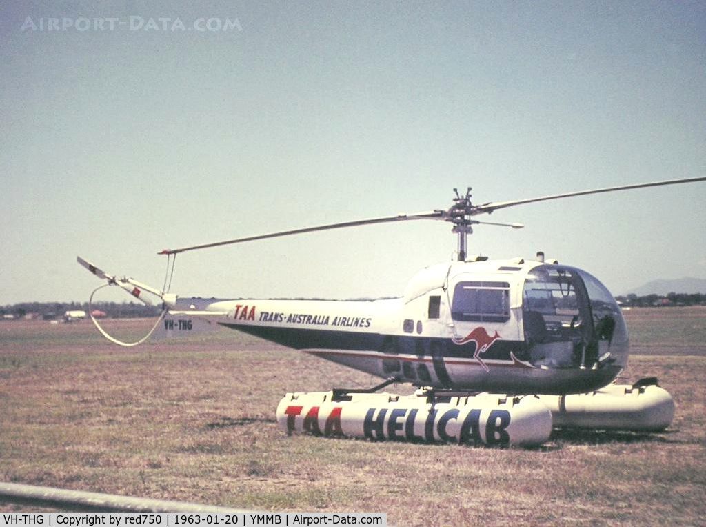 VH-THG, Bell 47J-2A Ranger C/N 1836, This photo was scanned from a slide taken on 20 Jan 1963 at Moorabbin airport. T It was used to shuttle passengers between Melbourne City heliport and Essendon airport.