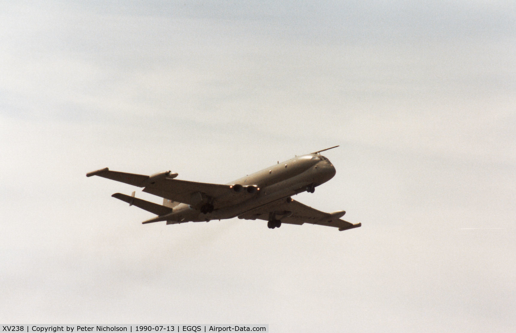 XV238, Hawker Siddeley Nimrod MR.2 C/N 8013, Nimrod MR.2 of the Kinloss Maritime Wing on a practice approach to RAF Lossiemouth in the Summer of 1990.