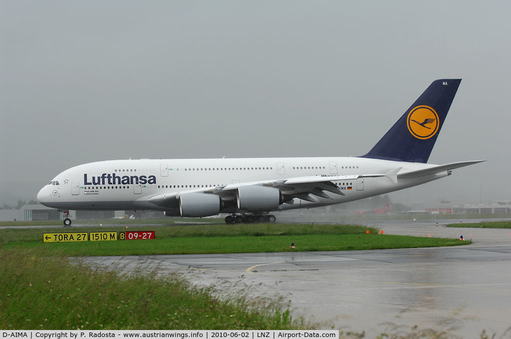 D-AIMA, 2010 Airbus A380-841 C/N 038, First landing at LNZ!