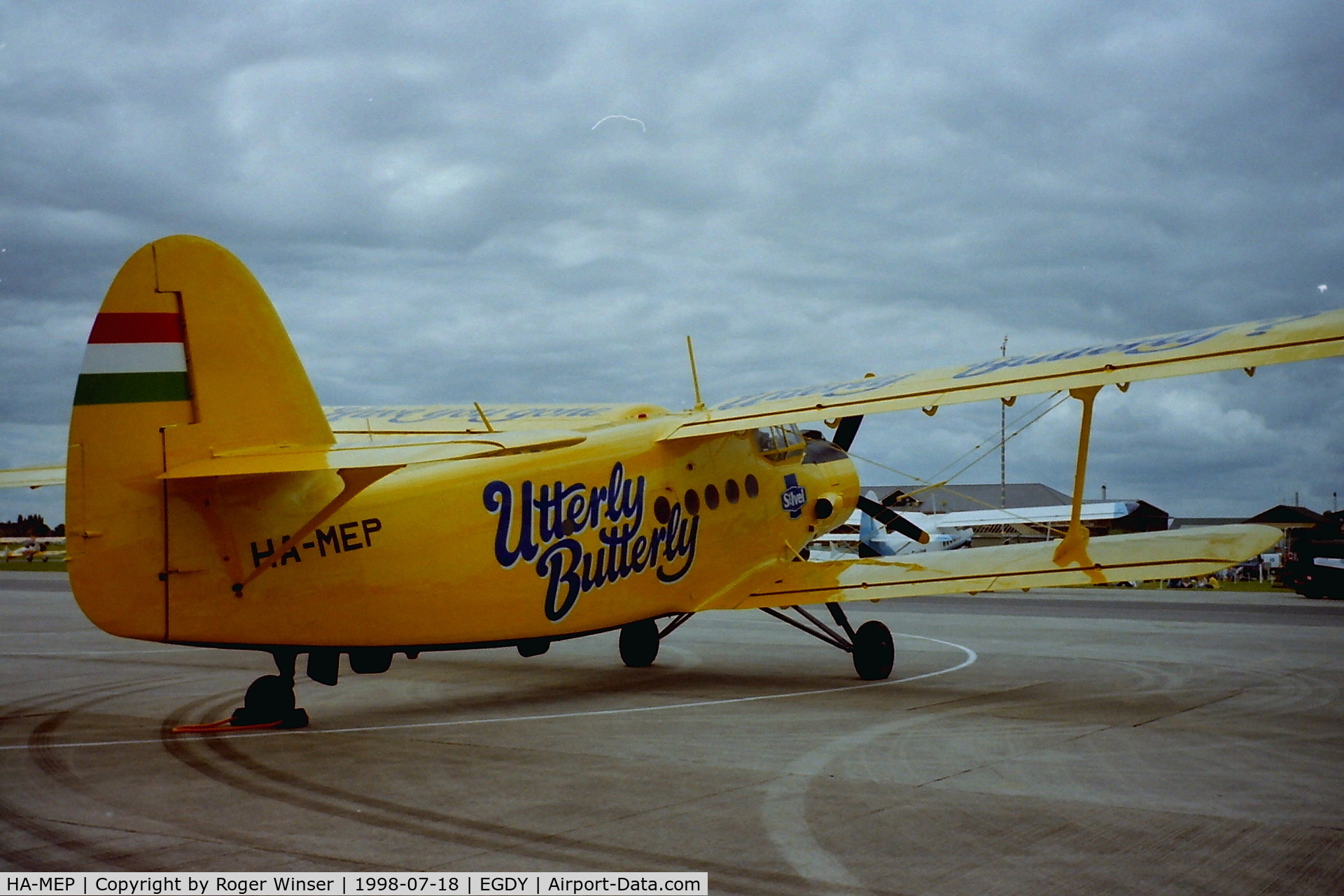 HA-MEP, 1980 Antonov An-2R C/N 1G190-25, St Ivel Utterly Butterly display aircraft at RNAS Yeovilton Air Day in 1998.