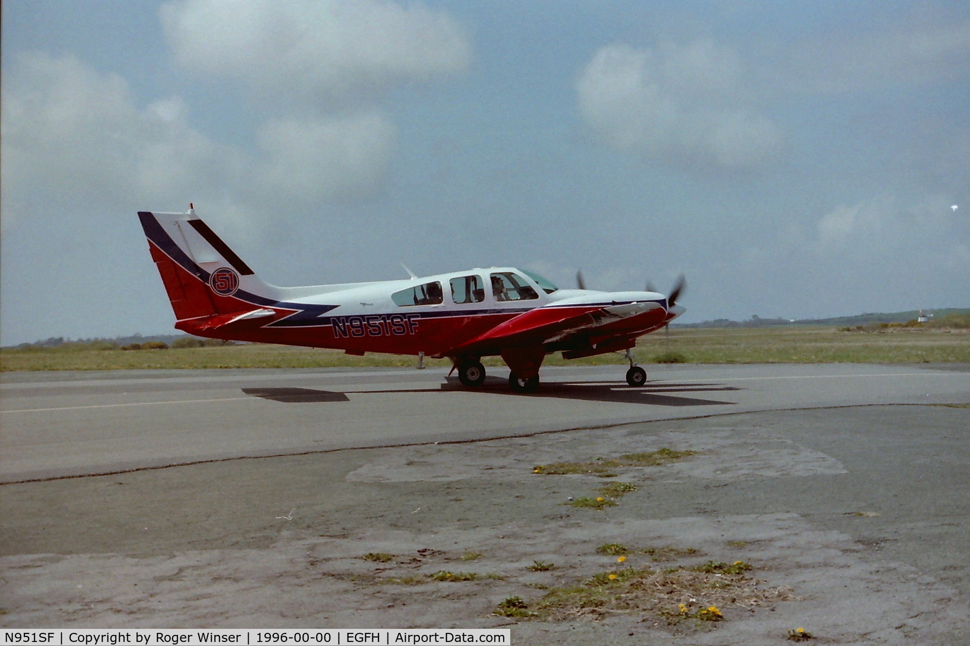 N951SF, 1969 Beech 56TC Turbo Baron C/N TG-83, Beech Turbo Baron carrying race number 51 at Swansea Airport in 1996