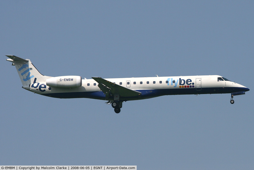 G-EMBM, 1999 Embraer EMB-145EU (ERJ-145EU) C/N 145196, Embraer EMB-145EU (ERJ-145EU) on finals to 07 at Newcastle Airport in 2008.
