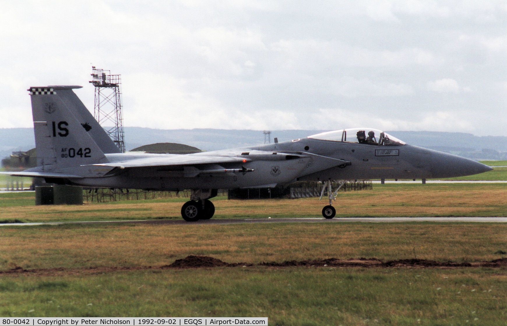 80-0042, McDonnell Douglas F-15C Eagle C/N 0707/C191, 57th Fighter Squadroin F-15C Eagle departing RAF Lossiemouth in September 1992.