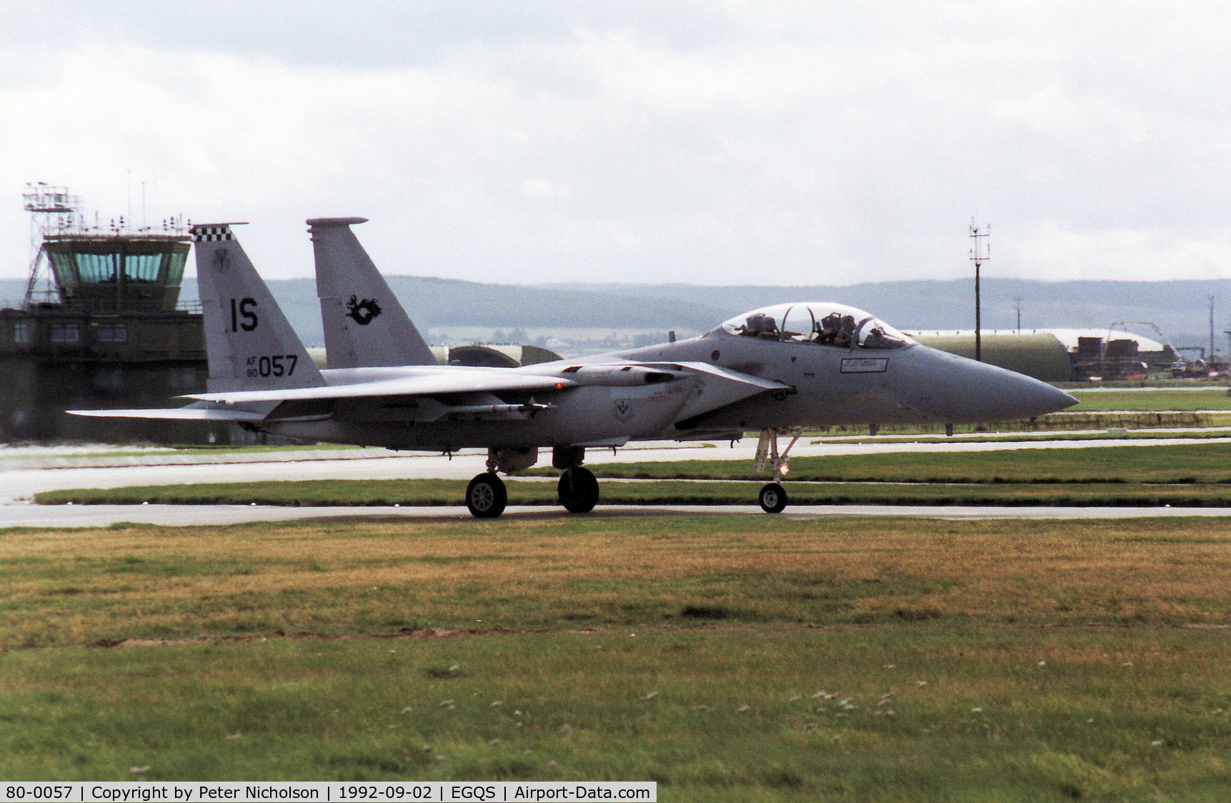 80-0057, 1980 McDonnell Douglas F-15D Eagle C/N 0698/D029, F-15D Eagle of Keflavik's 57th Fighter Squadron taxying to the active runway at RAF Lossiemouth in September 1992.