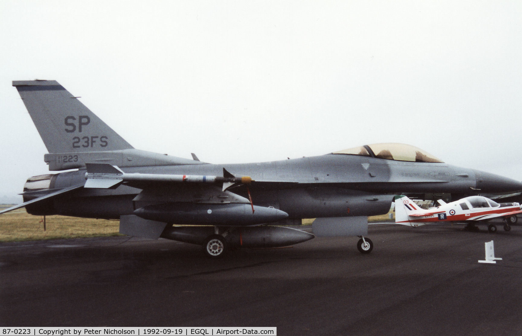 87-0223, 1987 General Dynamics F-16C Fighting Falcon C/N 5C-484, F-16C Falcon of 23rd Fighter Squadron/52nd Fighter Wing based at Spangdahlem in the static park at the 1992 RAF Leuchars Airshow.