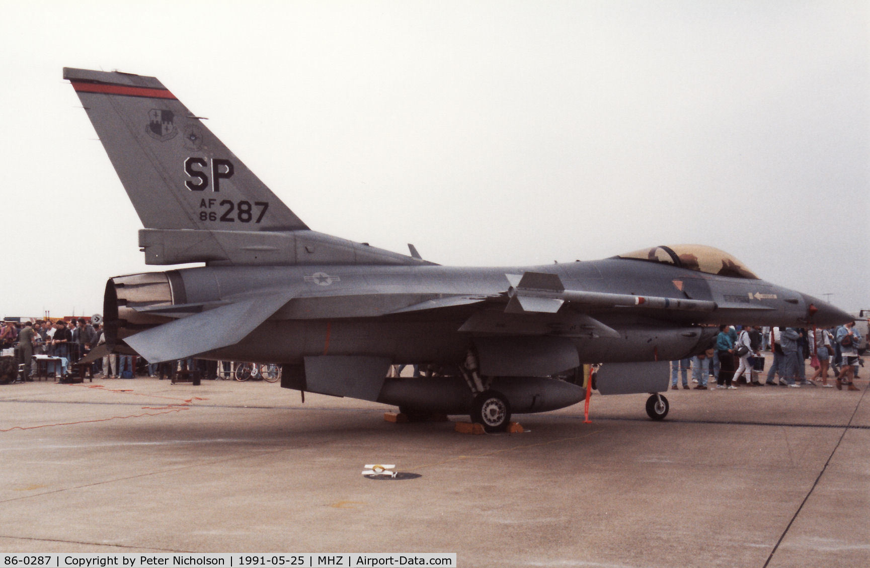 86-0287, 1986 General Dynamics F-16C Fighting Falcon C/N 5C-393, F-16C Falcon of 480th Tactical Fighter Squadron/52nd Tactical Fighter Wing on display at the 1991 Mildenhall Air Fete.