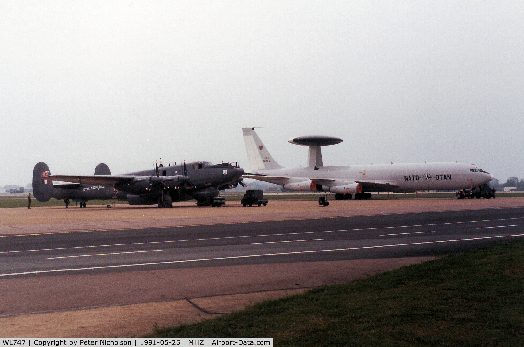 WL747, Avro 716 Shackleton AEW.2 C/N R3/696/239005, Shackleton AEW.2 of 8 Squadron at RAF Lossiemouth on the flight-line at the 1991 Mildenhall Air Fete alongside the aircraft type which would later replace it in service with the RAF.