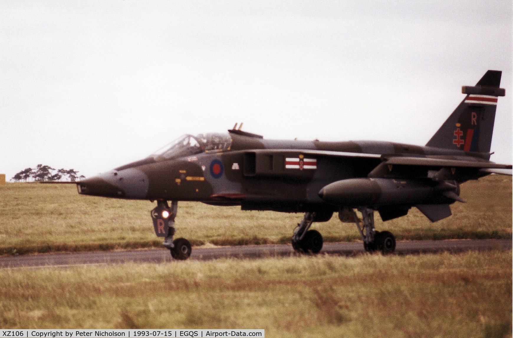 XZ106, 1976 Sepecat Jaguar GR.1A C/N S.107, Jaguar GR.1A, callsign Rebel, of 41 Squadron at RAF Coltishall taxying to the active runway at RAF Lossiemouth in the Summer of 1993.