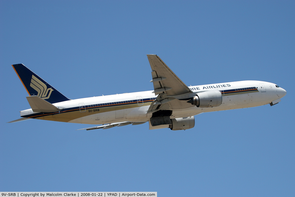 9V-SRB, 1998 Boeing 777-212/ER C/N 28998, Boeing 777-212/ER on take off at Adelaide International in January 2008.