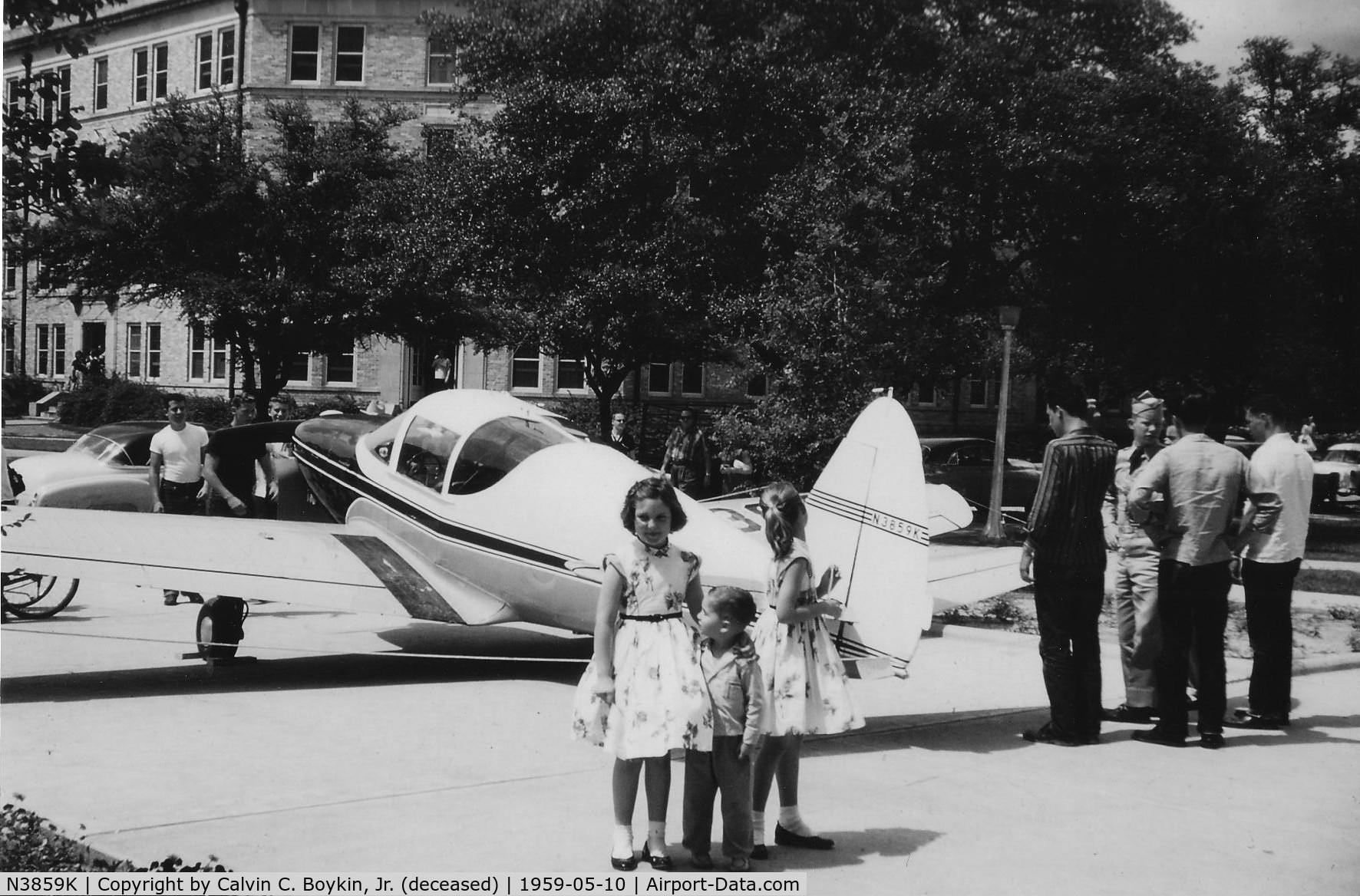 N3859K, 1948 Temco GC-1B Swift C/N 3559, Boykin children on campus at Texas A&M in front of Guion Hall and across from Hart Hall  on Mothers Day, ca. 1959. Plane was part of an Open House exhibit.