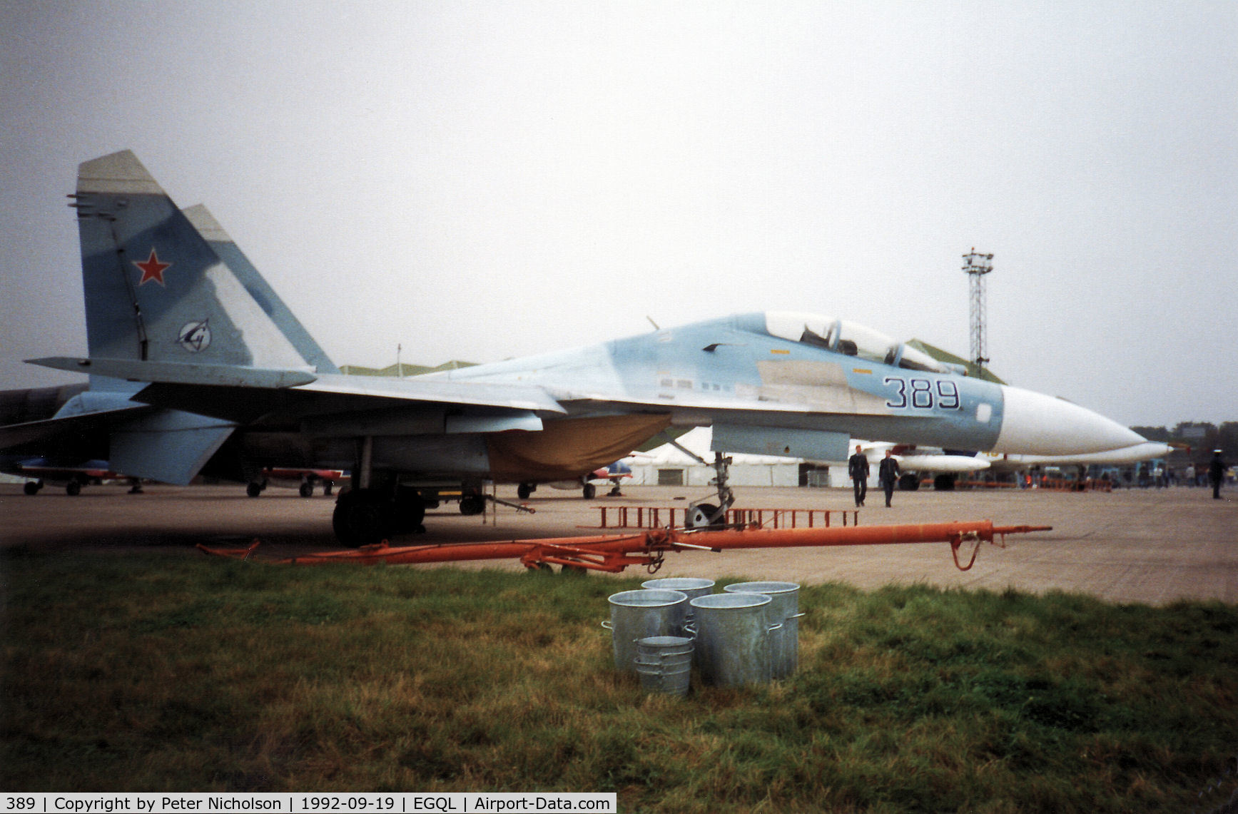 389, Sukhoi Su-27UB C/N 25389, Su-27B Flanker on display at the 1992 RAF Leuchars Airshow.