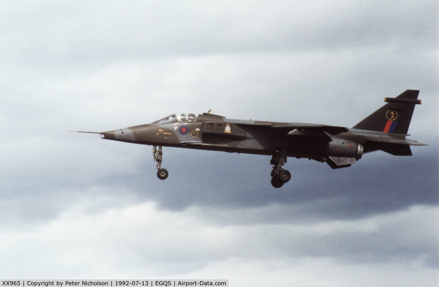 XX965, 1975 Sepecat Jaguar GR.1A C/N S.87, Jaguar GR.1A of 226 Operational Conversion Unit at RAF Lossiemouth on final approach there in the Summer of 1992.