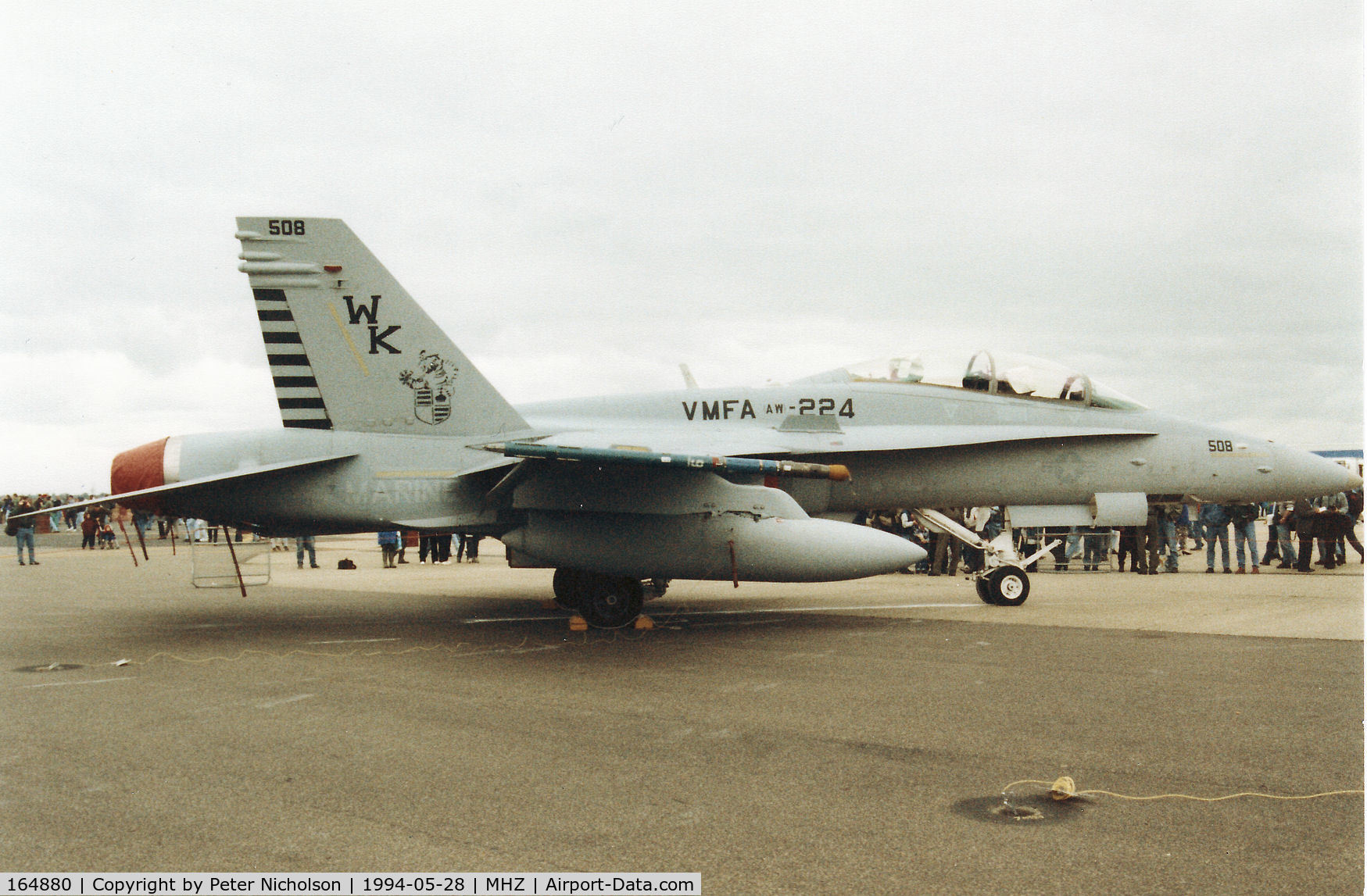 164880, McDonnell Douglas F/A-18D Hornet C/N 1212/D121, F/A-18D Hornet of USMC Squadron VMFA(AW)-224 on display at the 1994 RAF Mildenhall Air Fete.