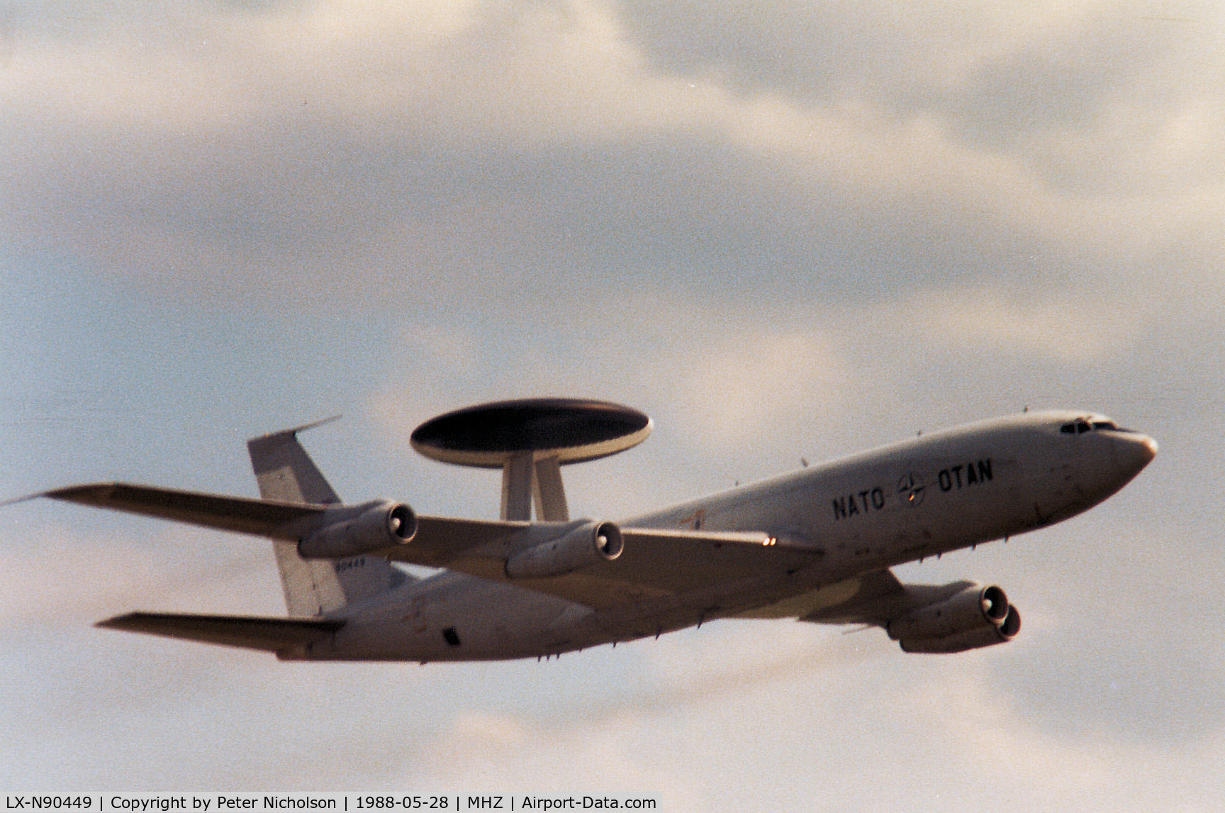 LX-N90449, 1983 Boeing E-3A Sentry C/N 22844, NATO Airborne Early Warning Force E-3A Sentry on a flypast at the 1988 RAF Mildenhall Air Fete.