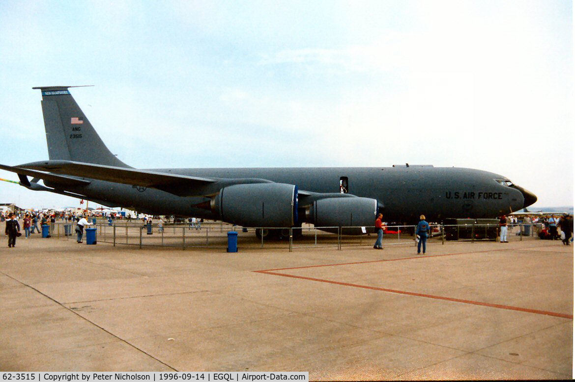 62-3515, 1962 Boeing KC-135R Stratotanker C/N 18498, KC-135R Stratotanker, callsign Pack 99, of the 133rd Air Refuelling Squadron New Hampshire ANG on display at the 1996 RAF Leuchars Airshow.