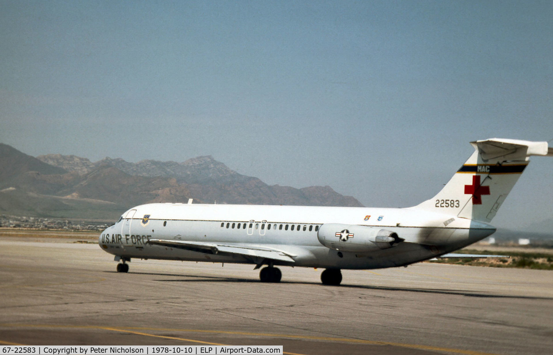 67-22583, 1968 McDonnell Douglas C-9A Nightingale C/N 47241, C-9A Nightingale of 375th Aeromedical Airlift Wing at Scott AFB passing through El Paso in October 1978.