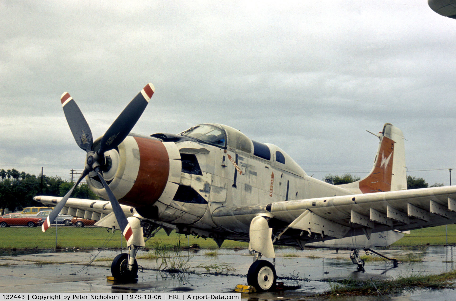 132443, Douglas NA-1E Skyraider C/N 9480, NA-1E Skyraider, previously with the US Naval Air Test Centre at Patuxent River, Maryland, on display with the then Confederate Air Force at their Harlingen base in October 1978.